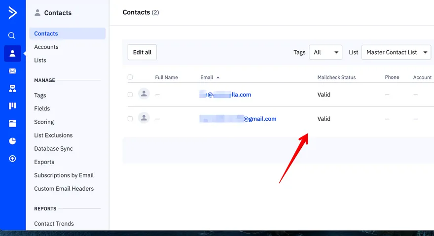 ActiveCampaign validated contacts
