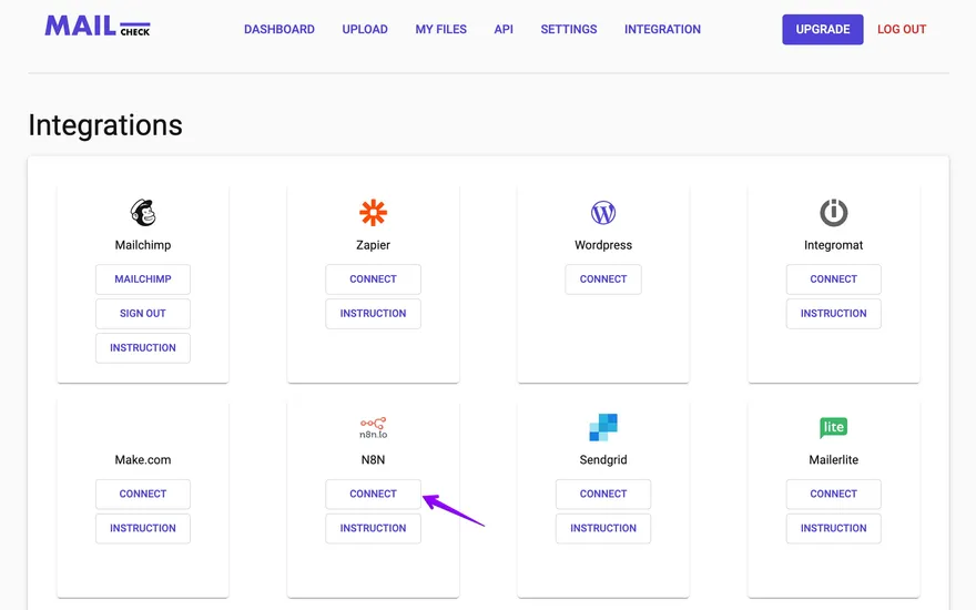 N8N integration step 1: Mailcheck integration page
