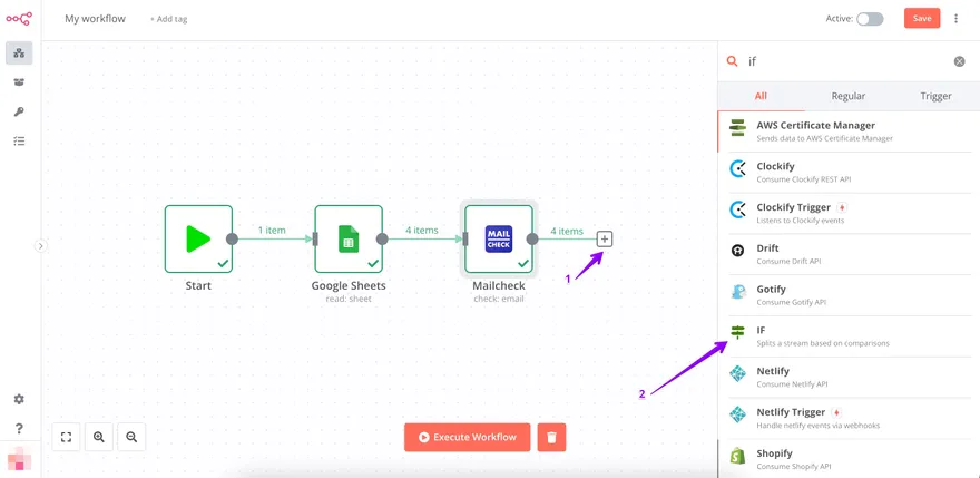 N8N integration step 6: Add new block called “IF”