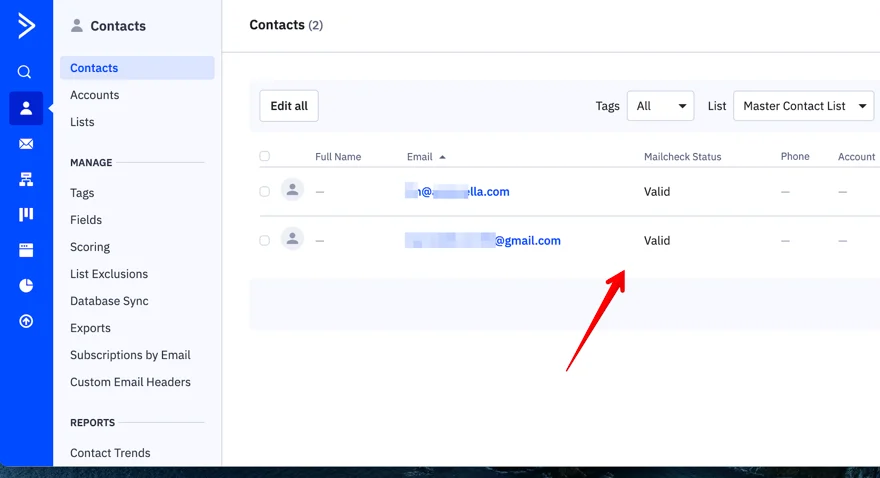 ActiveCampaign validated contacts